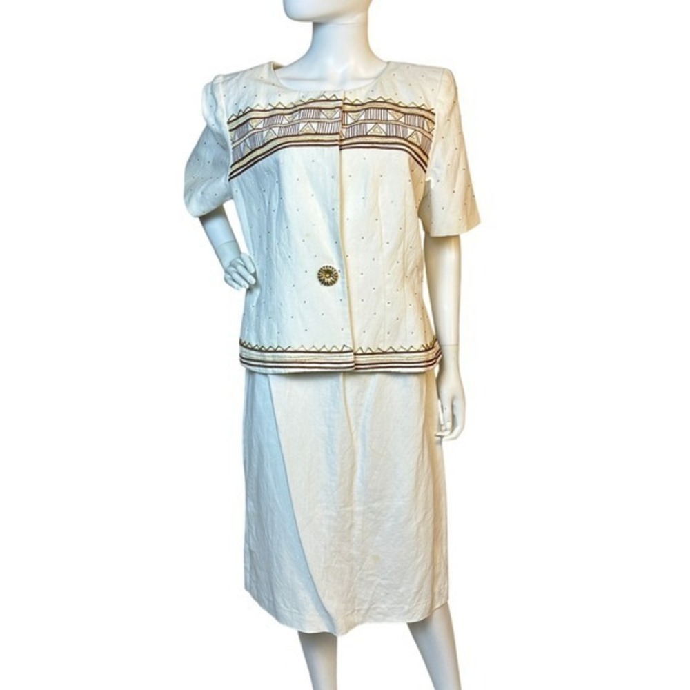 Vintage 80s Linen Skirt Suit Set Geometric Top‎ Neiman Marcus Magali